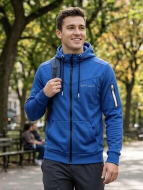 Spyder Men's Small Blue Zip-Up Hoodie Tech Performance Athleisure Zipper Pocket